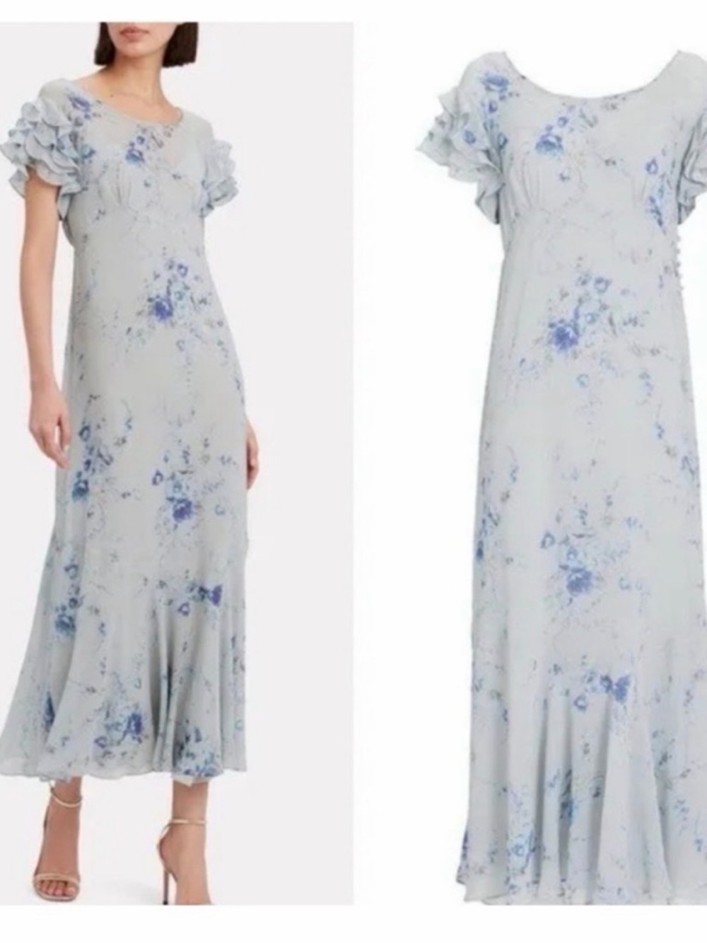 LoveShackFancy Pale Blue Floral Midi Dress with Ruffle Sleeves